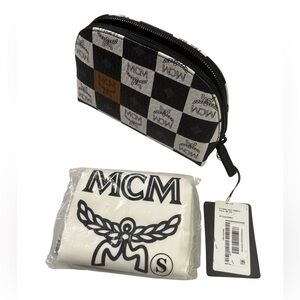 MCM 150th Anniversary Checkered Cosmetic Pouch Aren Visetos Black White NWT